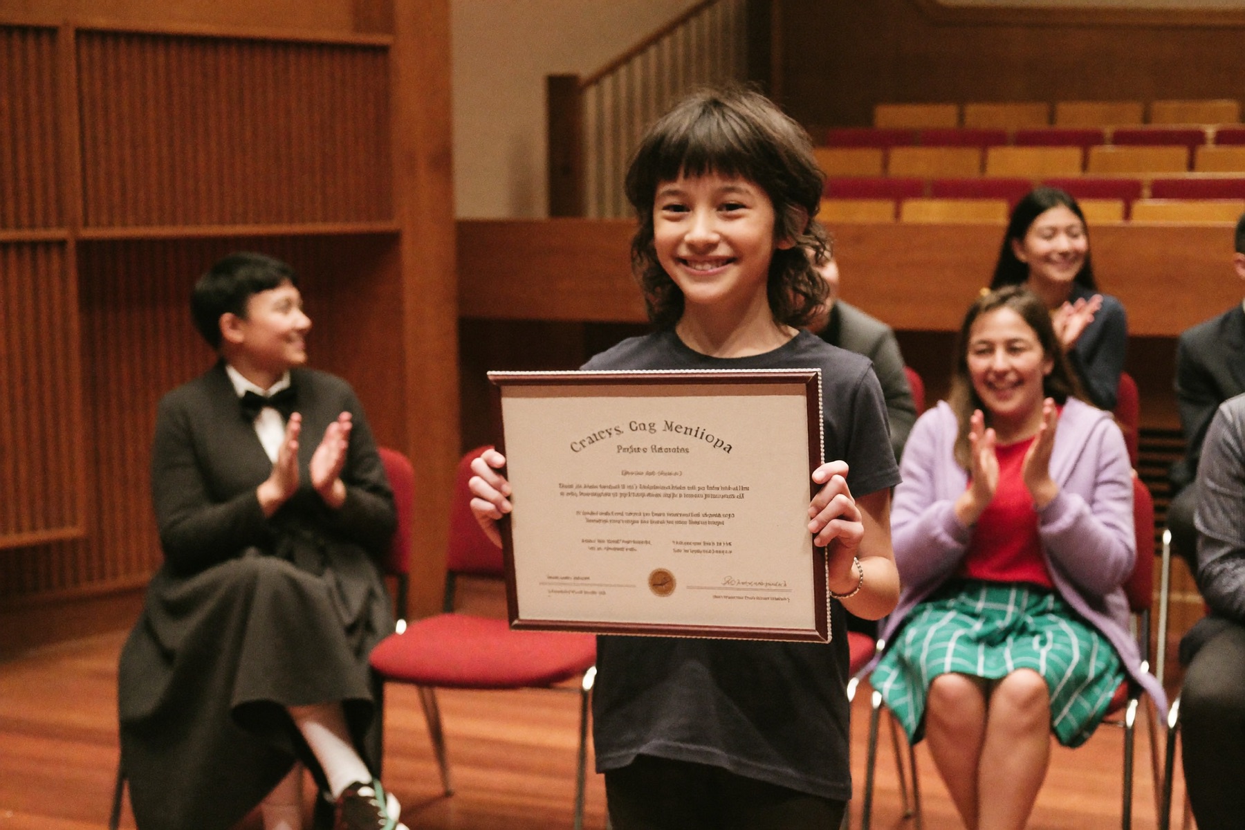 Student proudly holding a certificate after a music exam at a recital hall