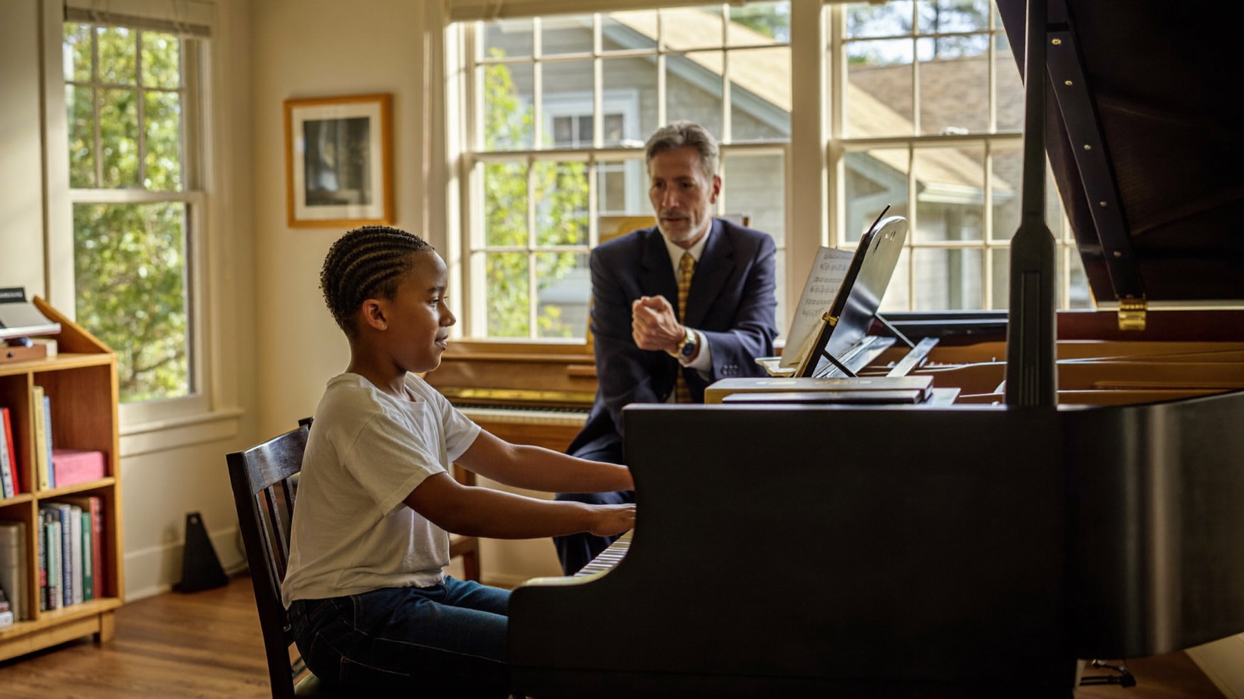 Young student at a grand piano during a lesson at Musical Moments Music Studio in Mason, Ohio