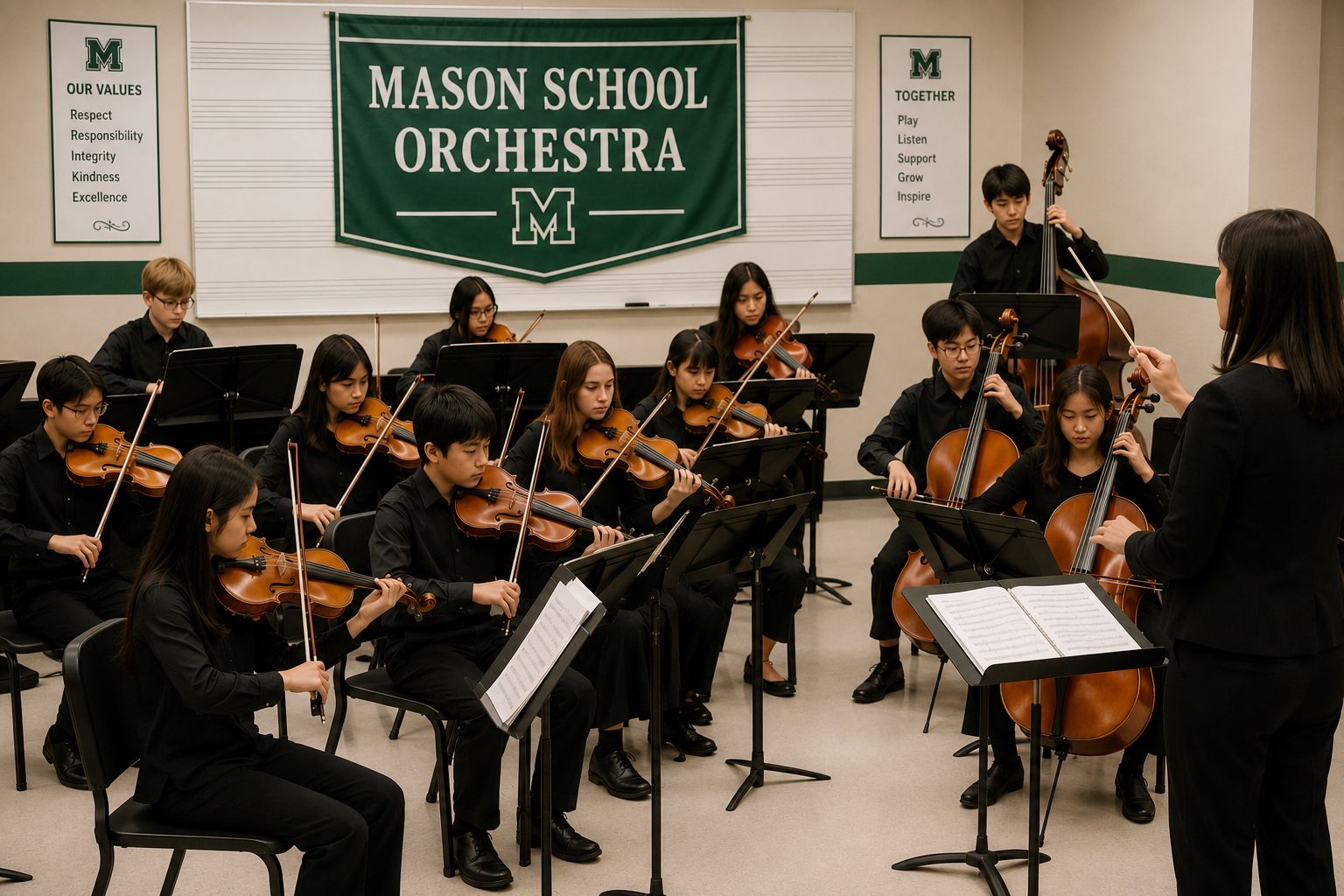 Mason school orchestra students rehearsing with violins, violas, cellos, and bass