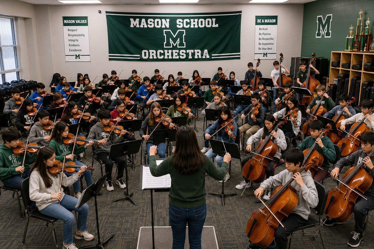 Full Mason school orchestra rehearsal with conductor